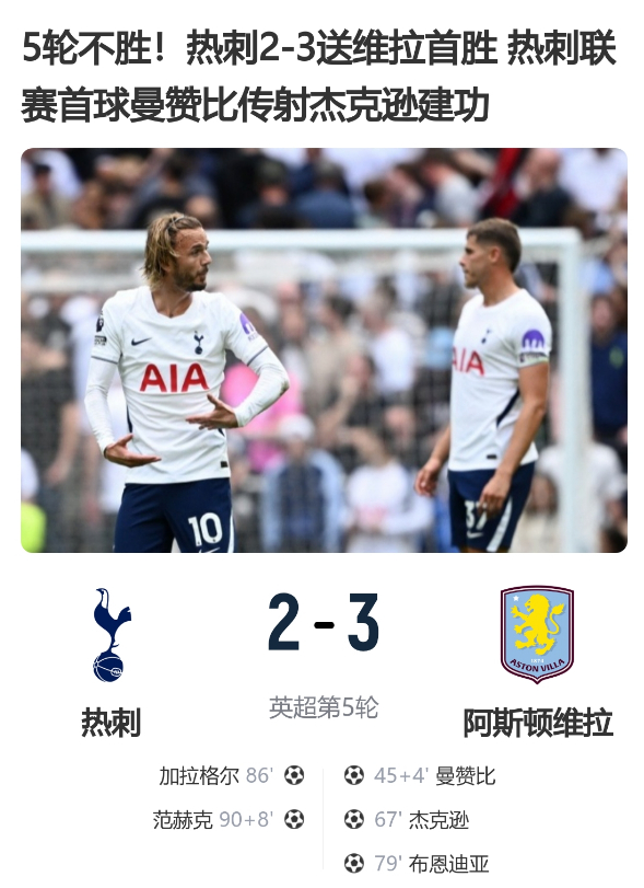 5轮不胜！热刺2-3送维拉首胜 热刺联赛首球曼赞比传射杰克逊建功 北京时间9月1