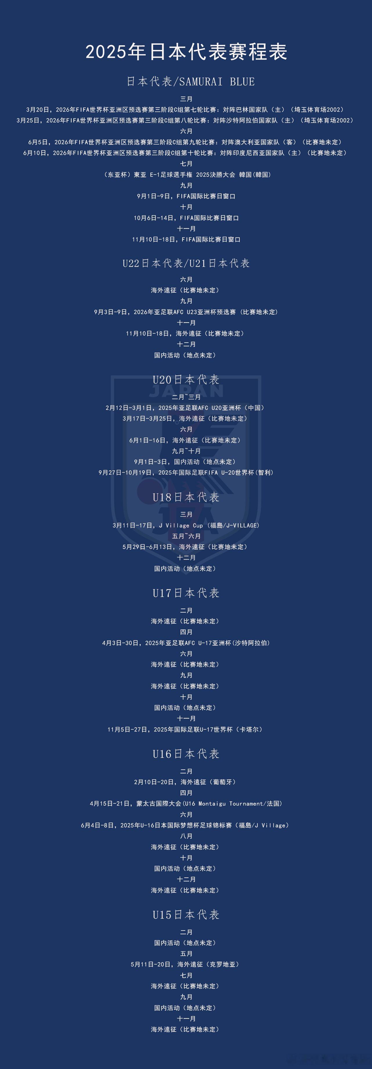 2025年日本代表赛程表 三月3月20日，2026年FIFA世界杯亚洲区预选赛第
