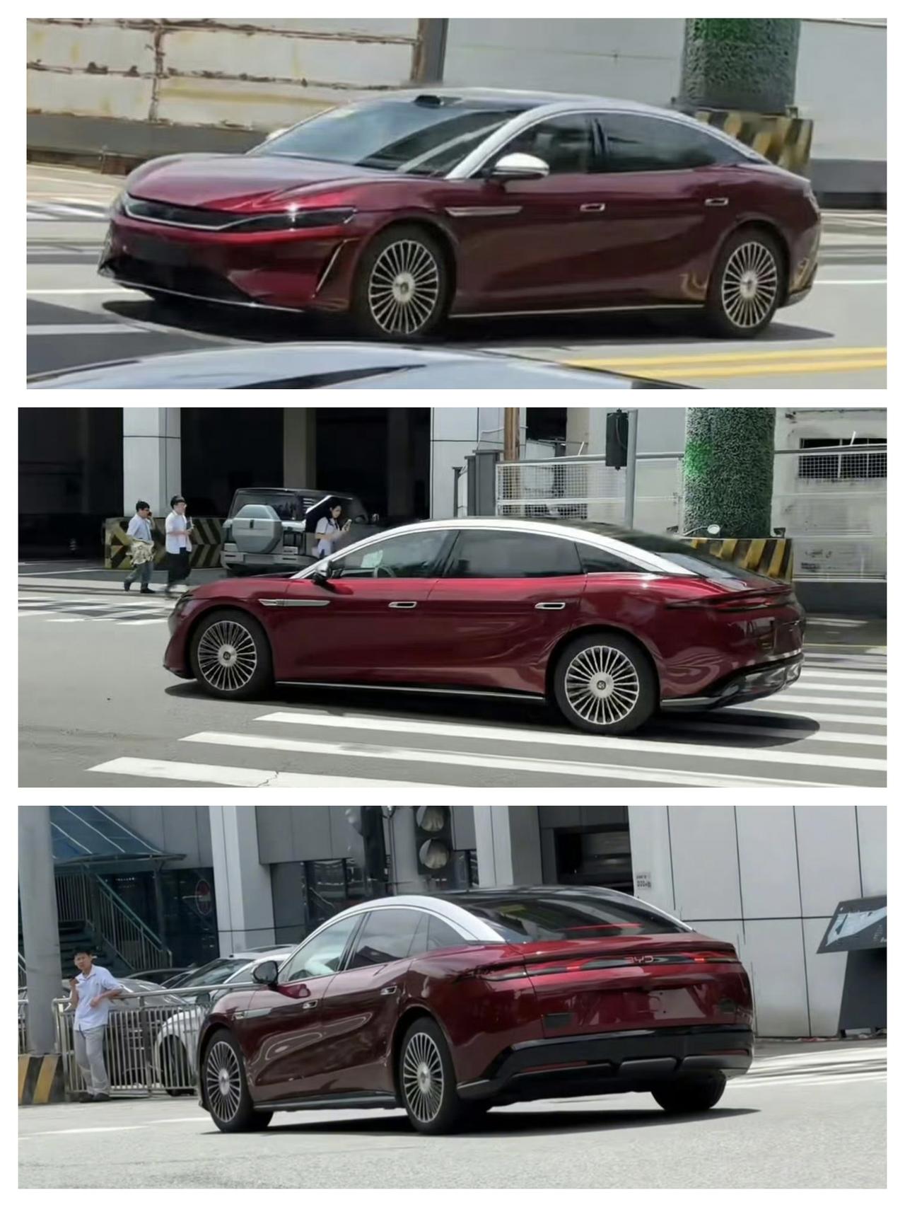 比亚迪大汉红色双拼 实车曝光，比渲染图和工信部入网证件照更好看。

前脸家族化设