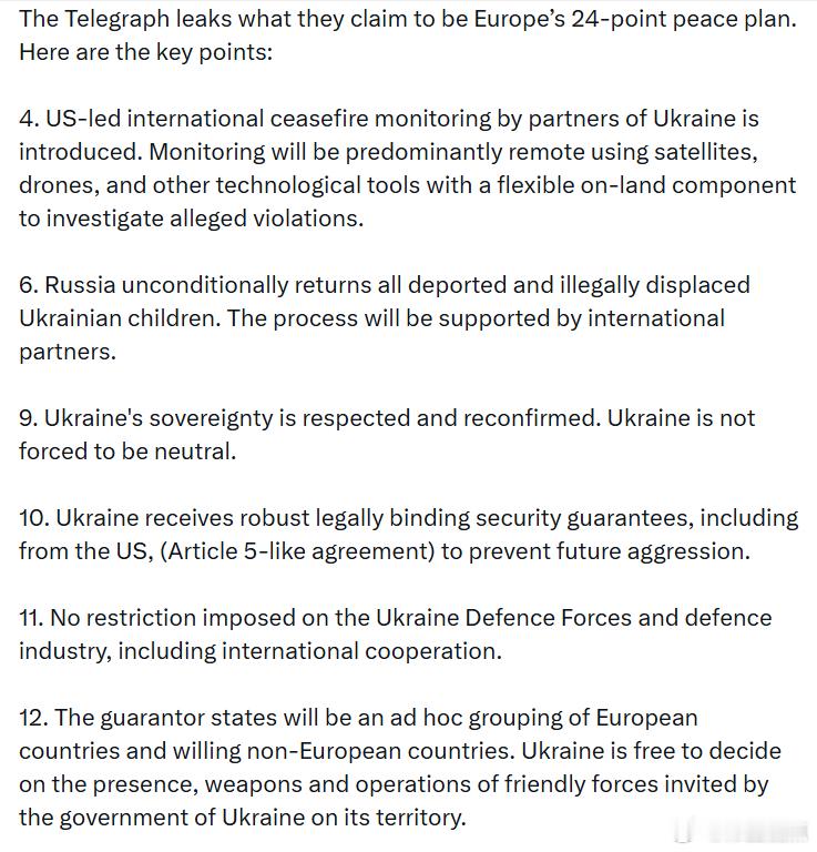 《每日电讯报》泄露了“欧洲24点和平计划”。以下是关键条款：4. 由美国主导、乌