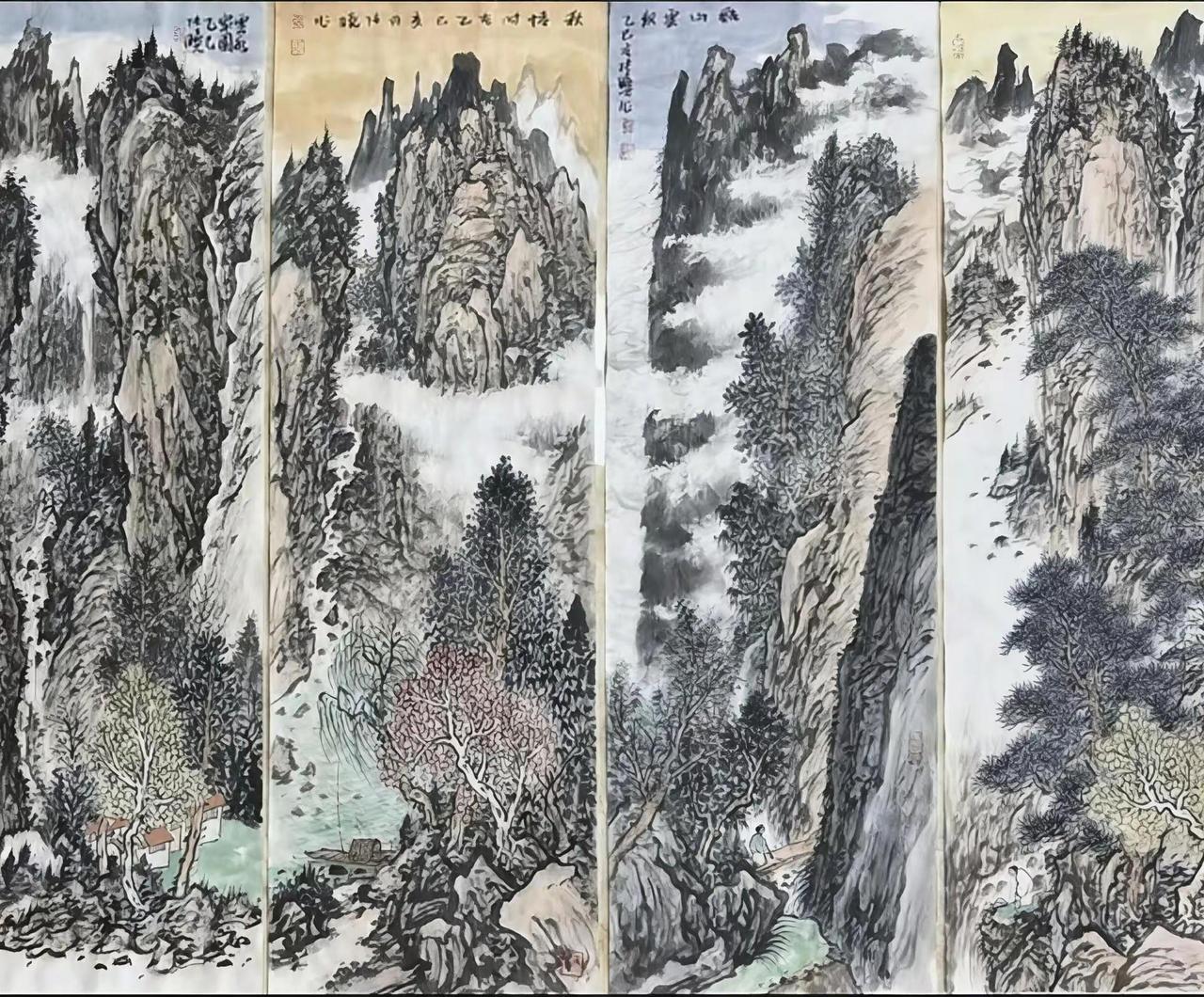 山水四条屏。水墨山水创作者中心 创作灵感 水墨四屏 山水写意