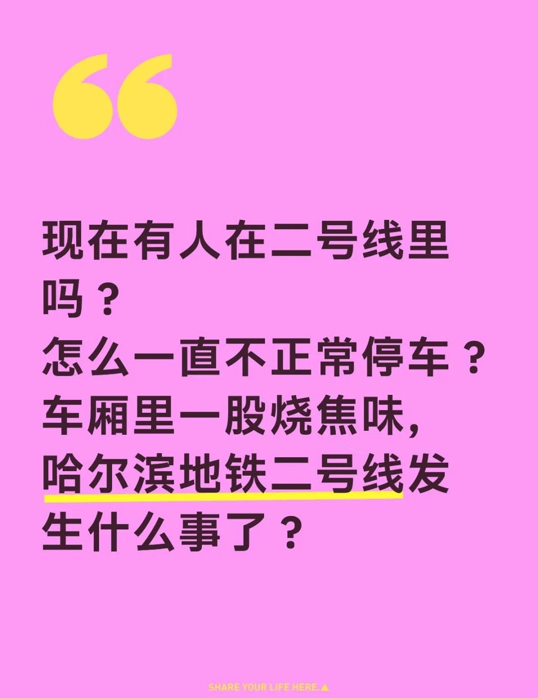 现在有人在二号线里吗？
怎么一直不正常停车？车厢里一股烧焦味，哈尔滨地铁二号线发