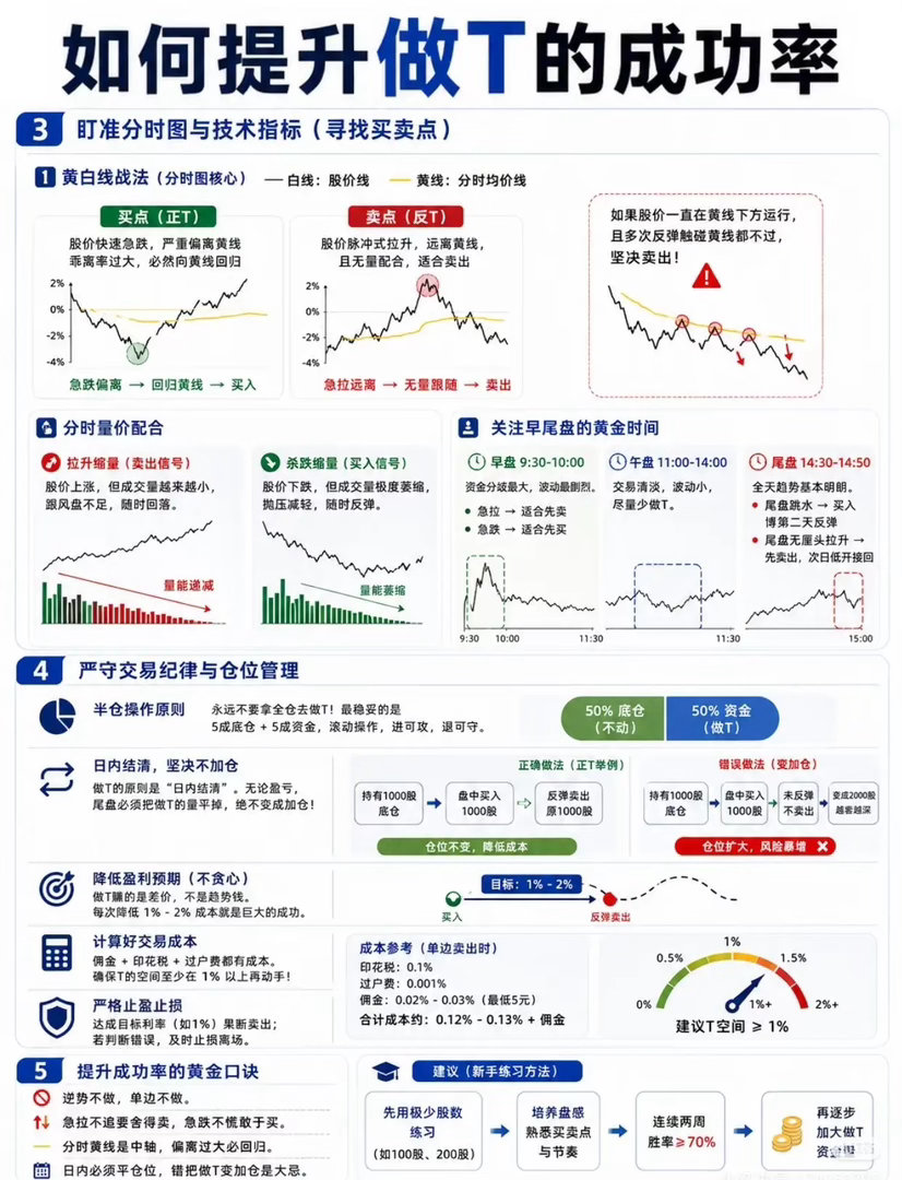 如何提升做T的成功率做T（日内交易）的核心在于利用波动赚取差价，降低持仓成本。要