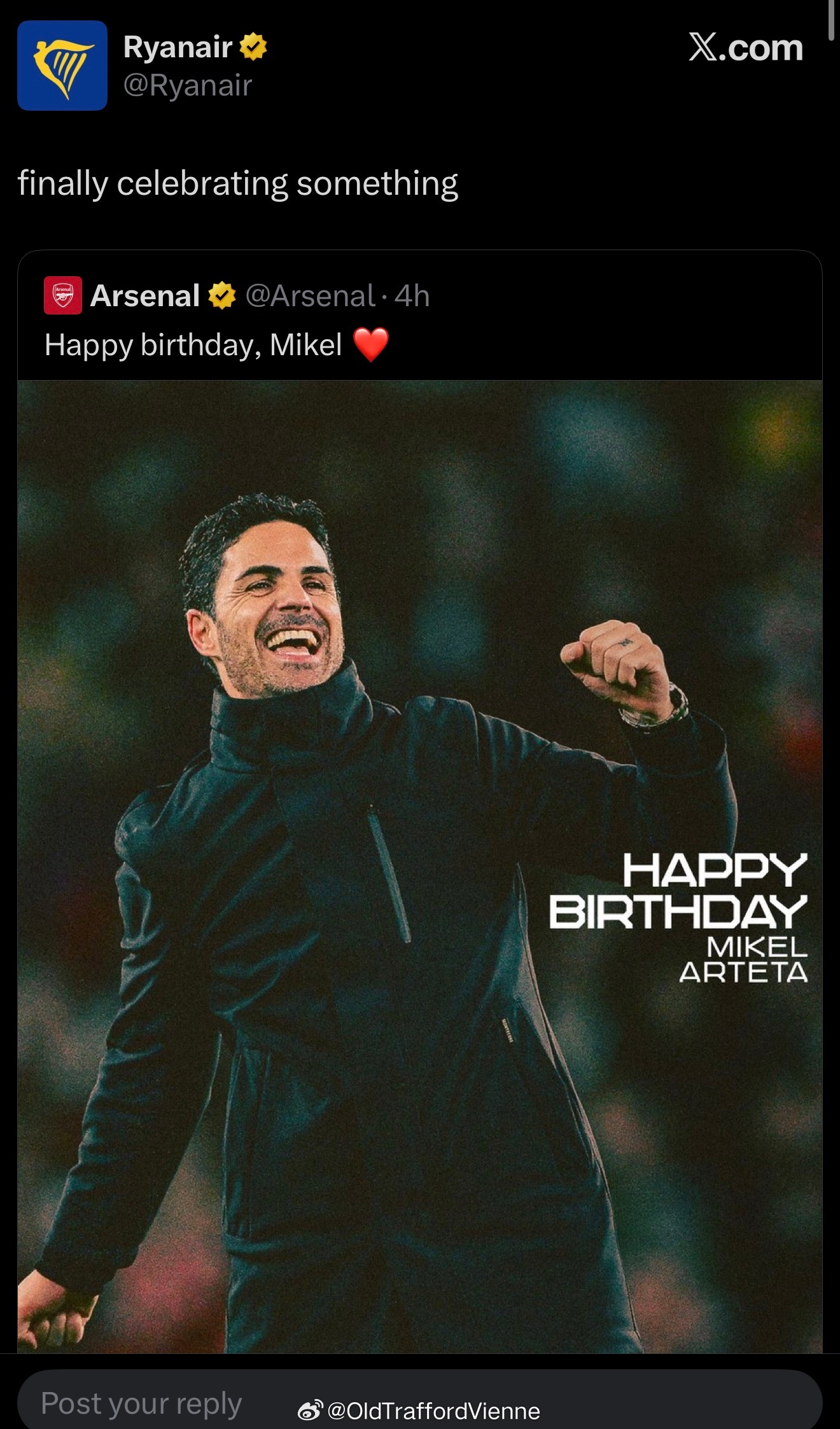 嘲笑阿森纳是世界大同阿森纳官推祝阿尔特塔生日快乐瑞安航空官方转发：总算有理由庆祝