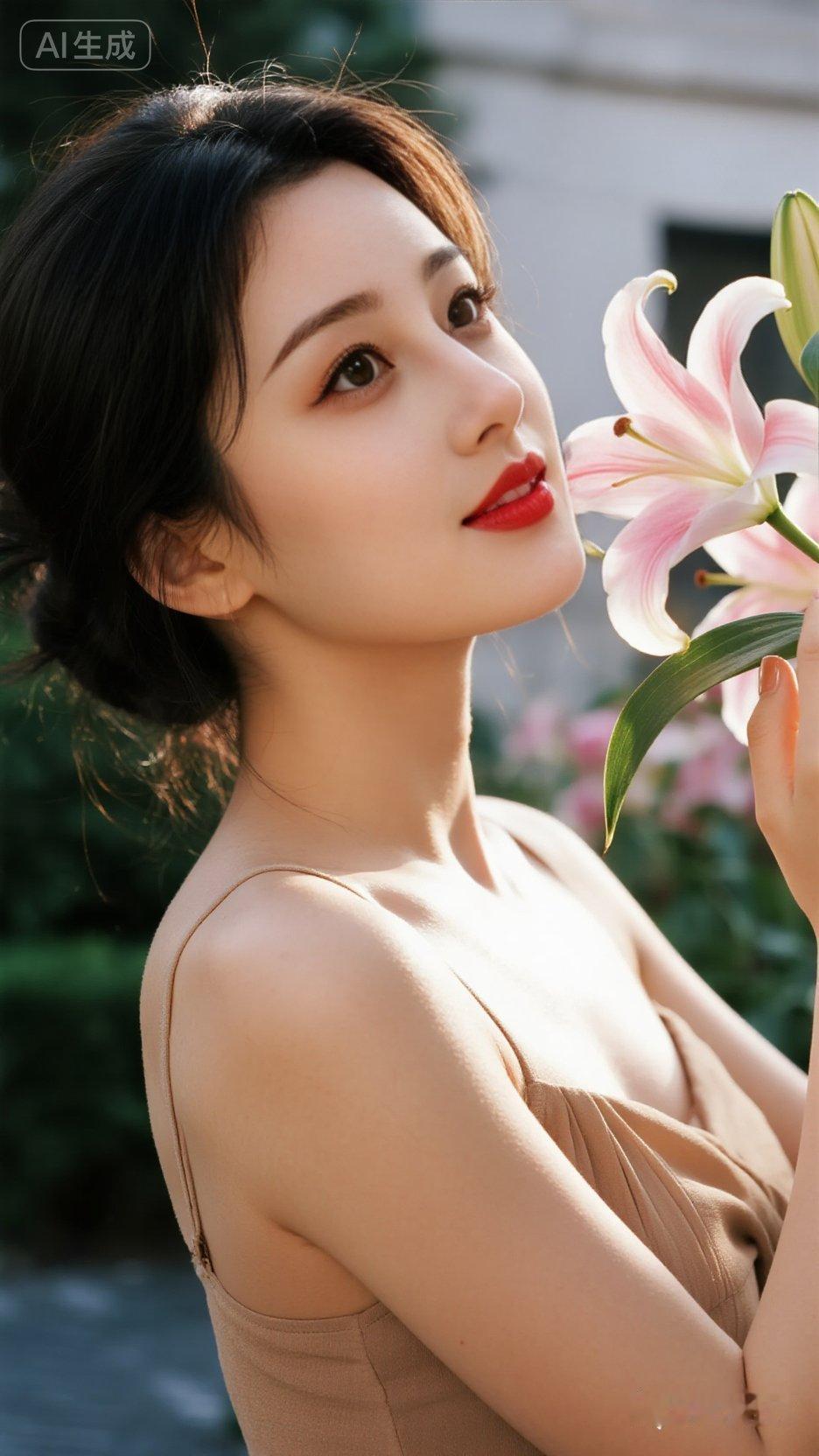 优雅红唇与粉色百合的完美邂逅，尽显女性魅力！