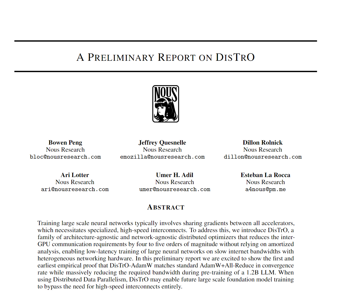 NousResearch发布了DisTrO（Distributed Traini