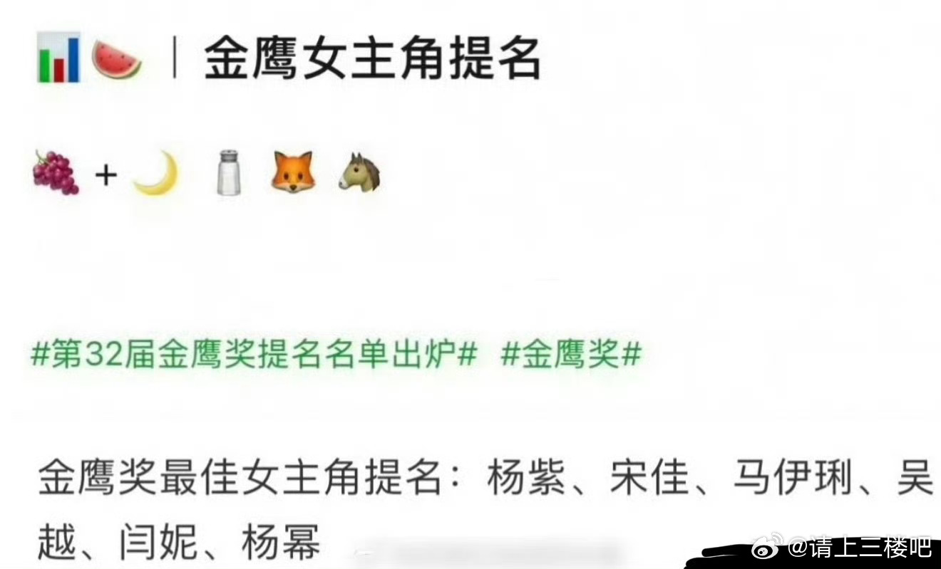 曝金鹰奖女主角提名曝金鹰奖最佳女主角提名 有网友曝金鹰奖最佳女主角提名: 杨紫、