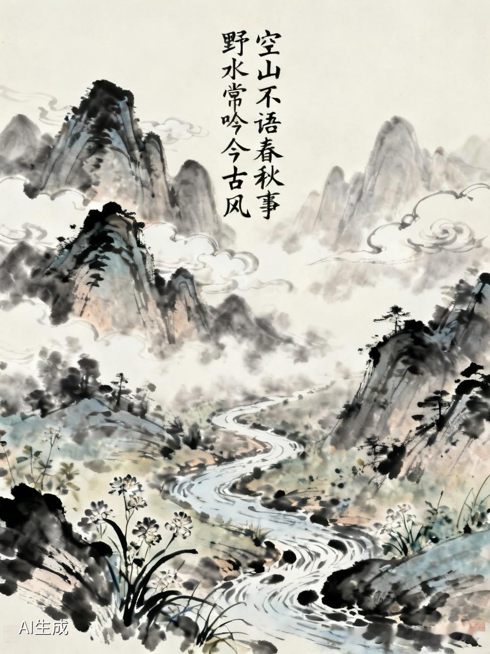 上联：空山不语春秋事，下联才友请，野水常吟今古风！[微风]