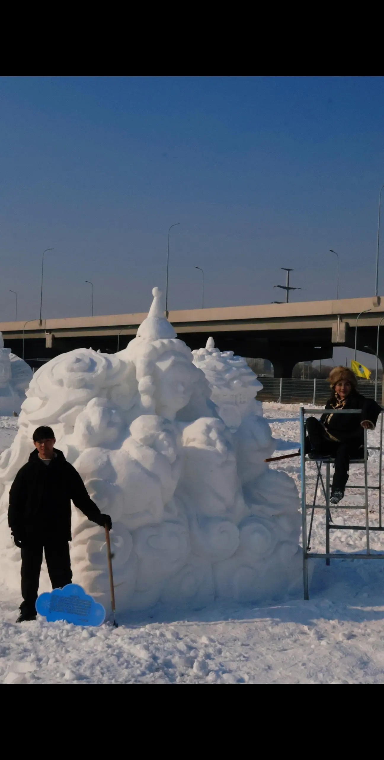 请暂停恭喜这位女士获得全国雪雕大赛二等奖。恭喜这位女士和搭档曾老师获得...