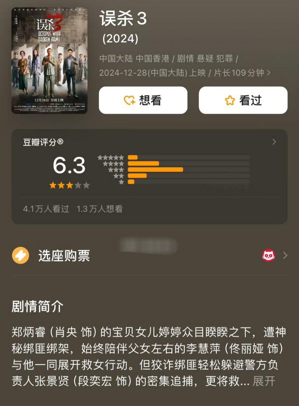 《误杀3》开分，6.3分 