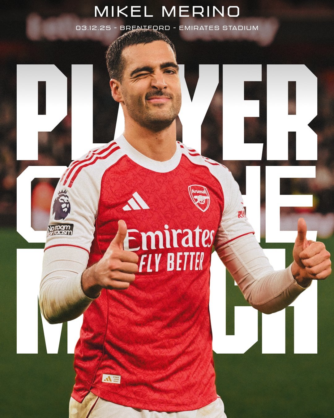 阿森纳官推：梅里诺被评为阿森纳2比0布伦特福德 的最佳球员英超联赛 阿森纳