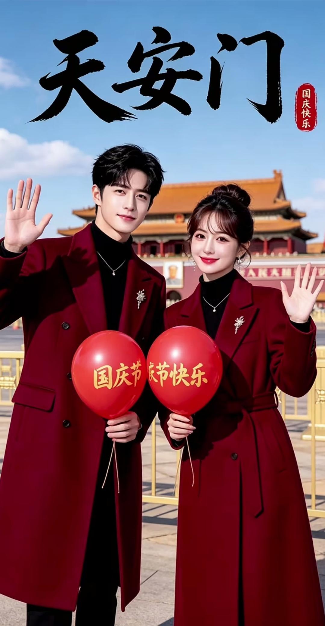 红墙映华光，一袭酒红大衣并肩而立。气球、折扇与白鸽，藏着赤诚热爱。赴一场天安门之