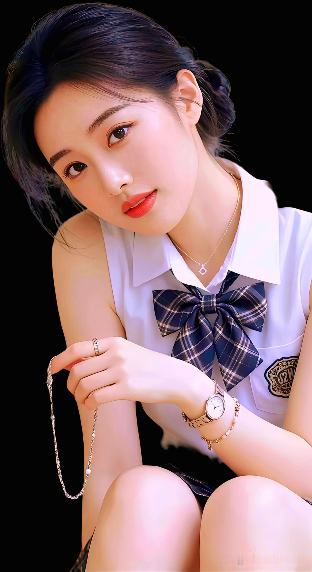 甜美少女风，黑白格子领结，优雅项链，清新自然。白衬衫饰品穿搭 碎花领结