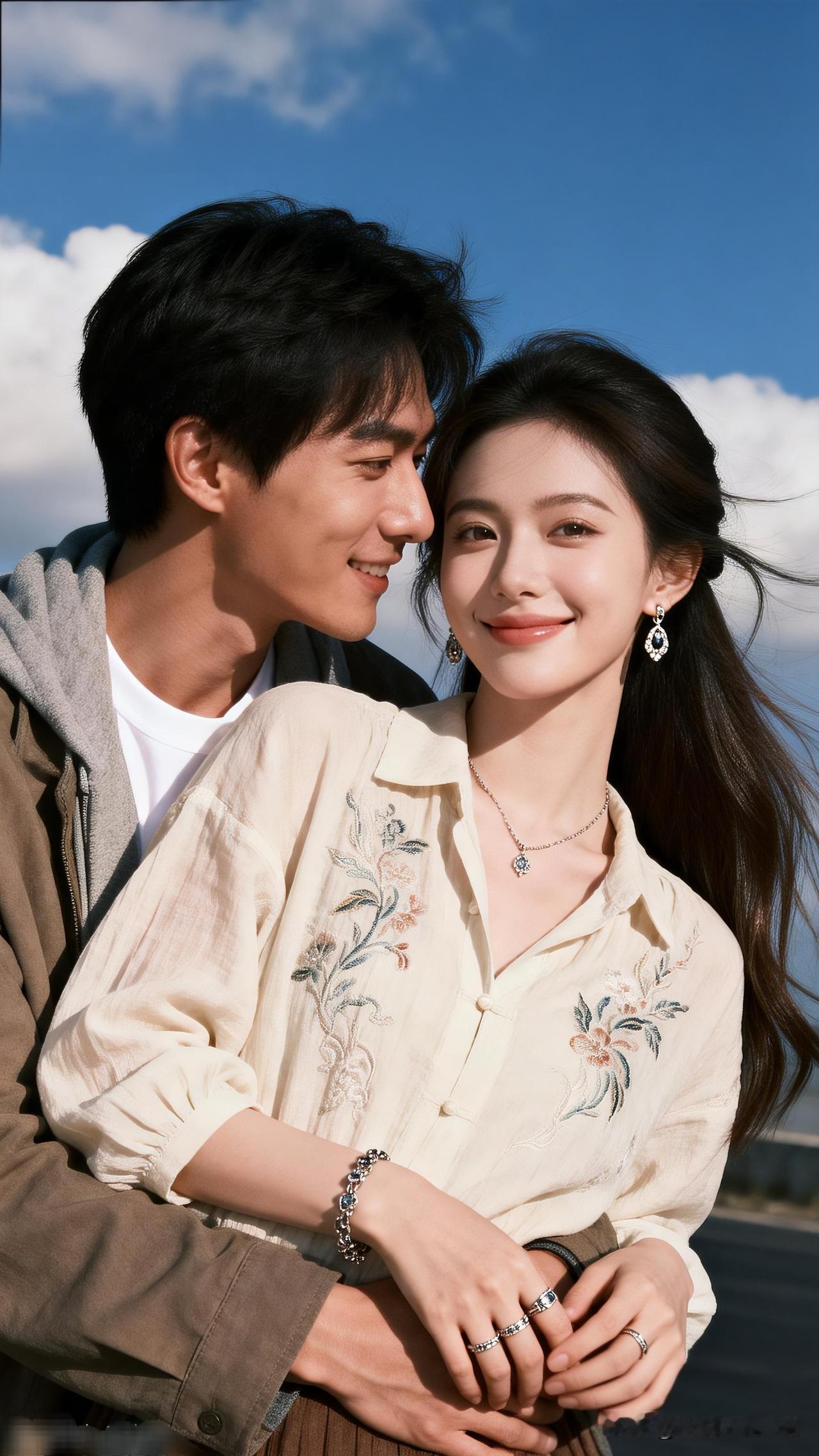 甜蜜情侣照，蓝天白云下的浪漫瞬间