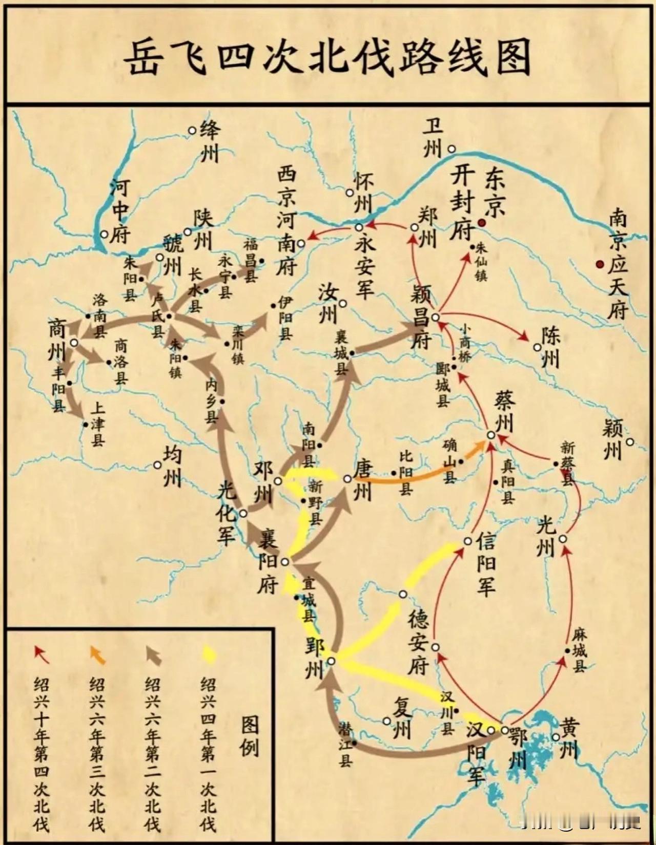一图看懂岳飞四次北伐路线图，四次北伐的起点兼大本营都是鄂州，这也是岳飞死后被追封