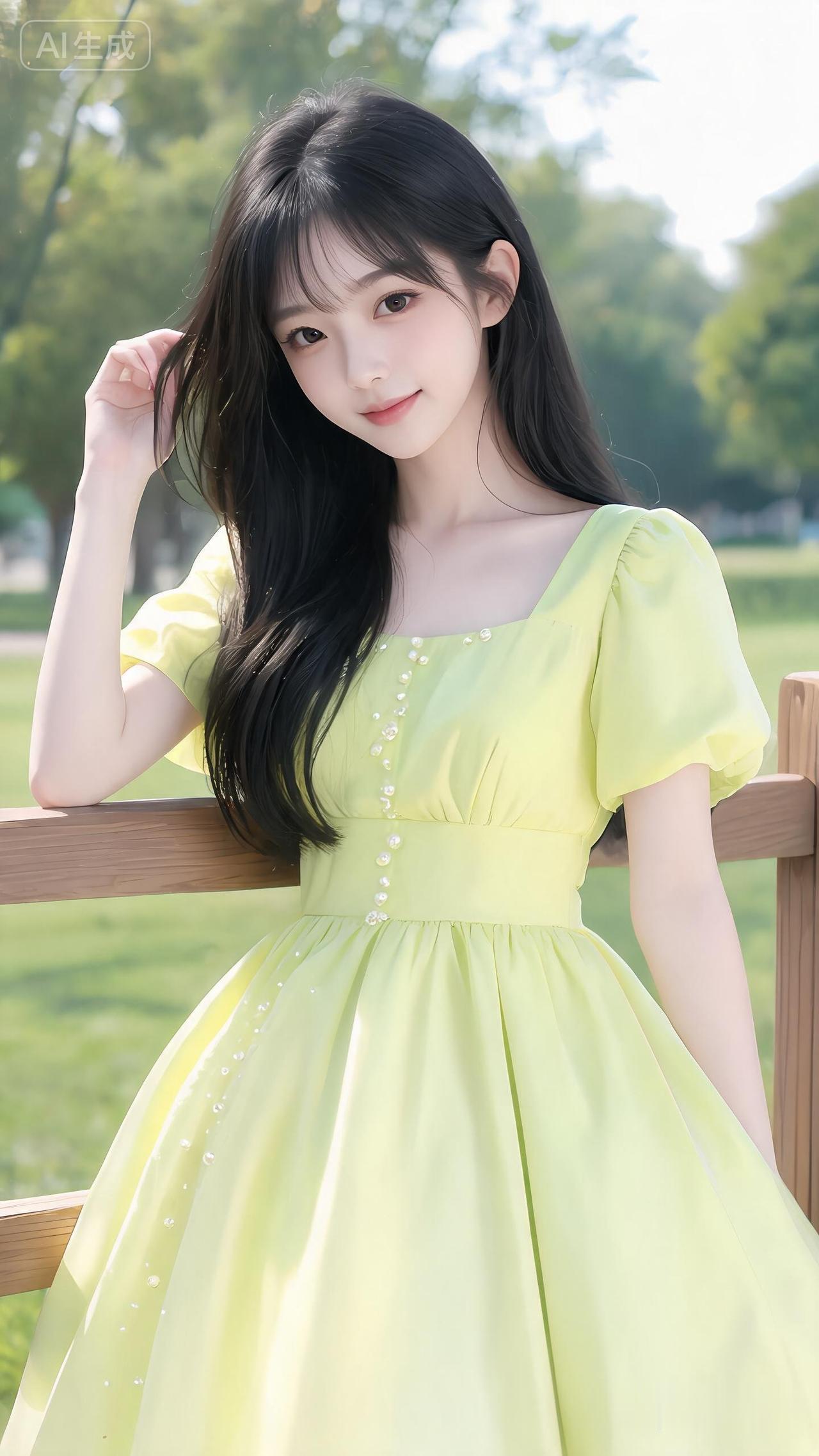 阳光下的清新少女，穿着黄色连衣裙，微笑如花🌸