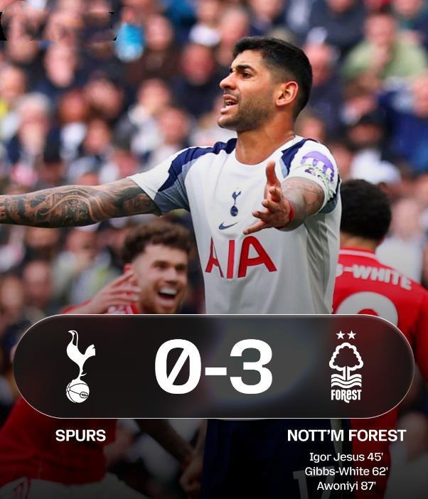 热刺0比3输给森林，排名掉到了第17位。复出的队长罗梅罗在场上表现相当糟糕，第一