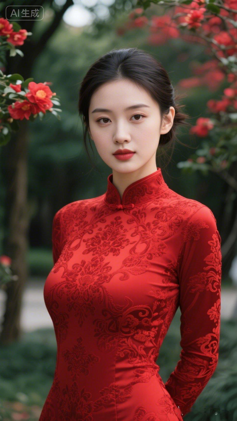 优雅红衣女子，置身花海之中，尽显东方韵味。