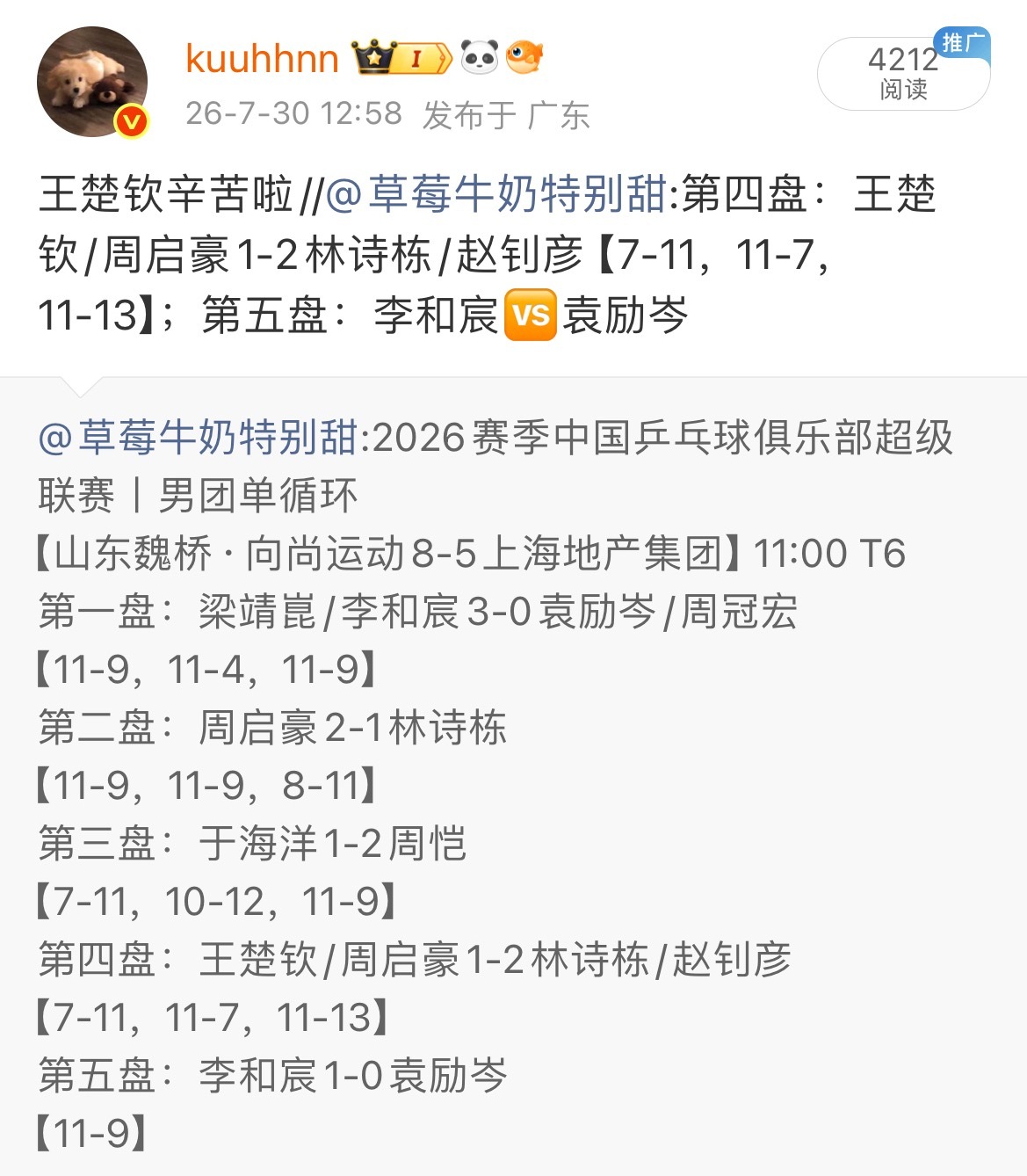 乒超第二阶段·雄安｜王楚钦 战绩男单三场8分 男双五场4分 帮助队伍拿到12分山