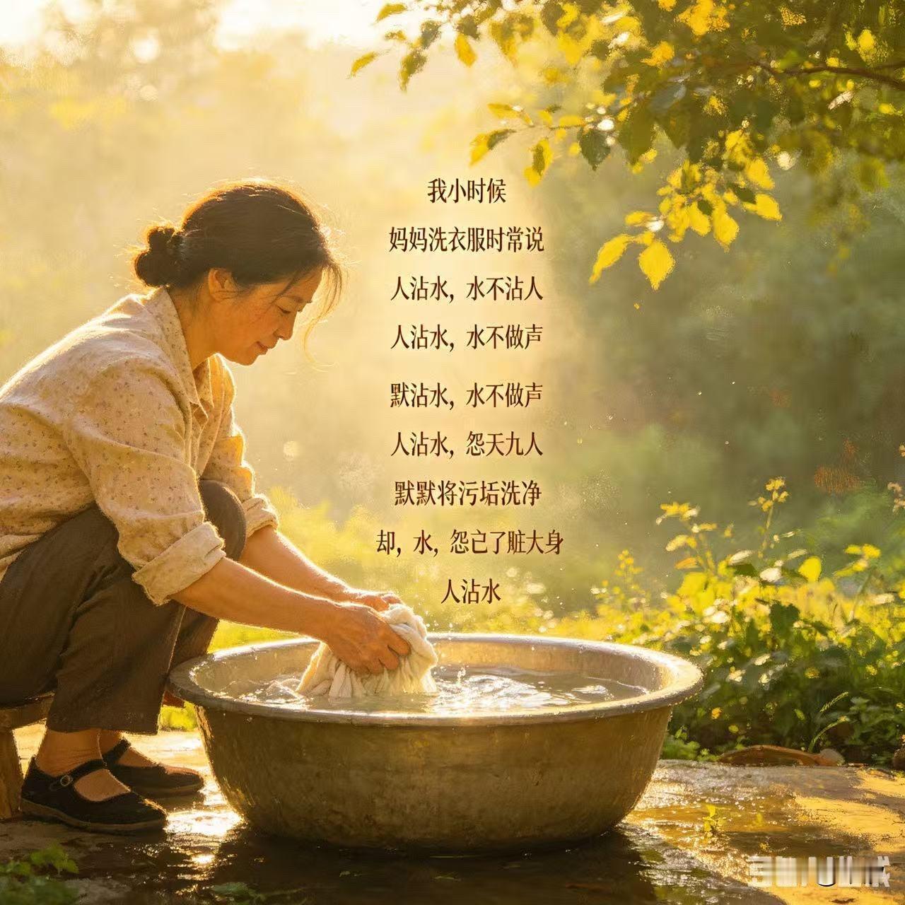 我小时候妈妈洗衣时常说：
-人沾水，​​水不沾人
水不做声
默默将污垢洗净