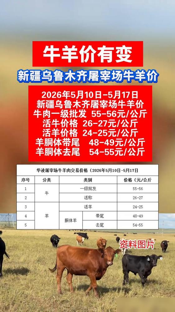 牛羊价有变。

刚看到新疆乌鲁木齐屠宰场5月10号到17号的最新报价，一级牛肉批