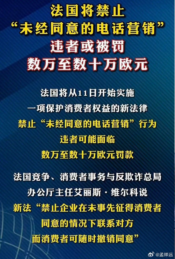 本月11日起，在法国，“未经同意的电话营销”行为，违者可能面临数万至数十万欧元罚