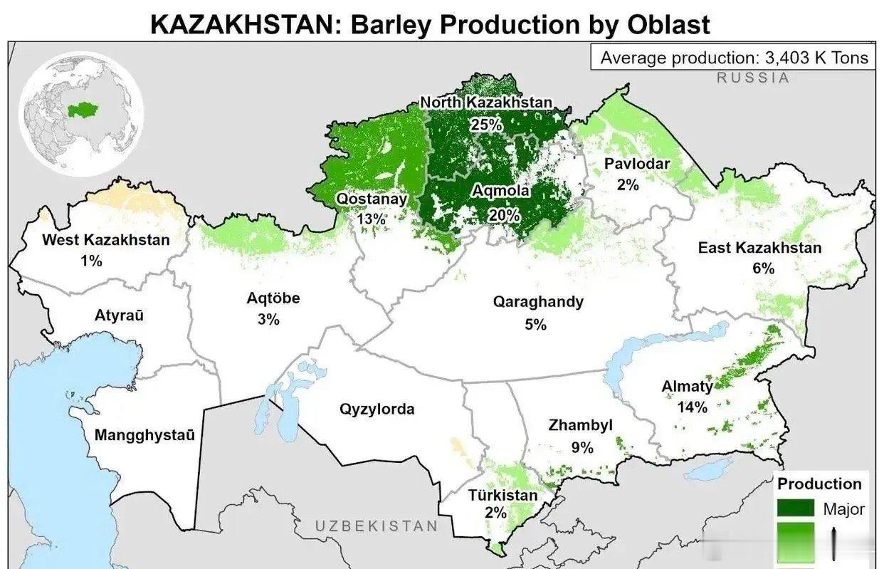 哈萨克斯坦为什么一定要迁都呢？看看这张图就明白了，该国大部分都是沙漠戈壁或者干旱