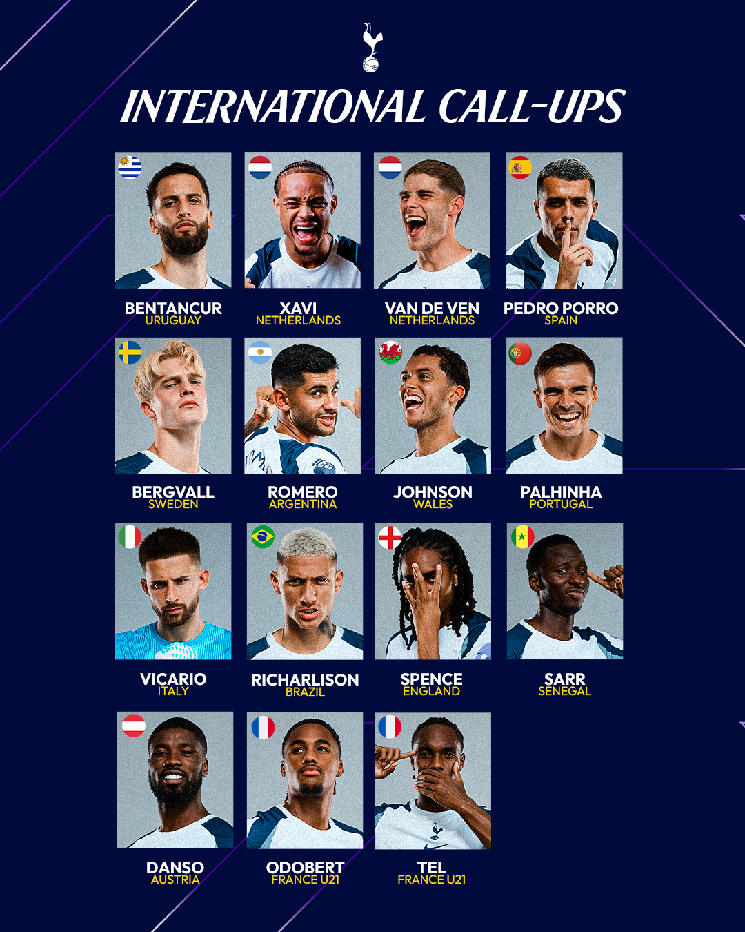 11月国家队比赛日，热刺一线队有15人收到征召 🌍 