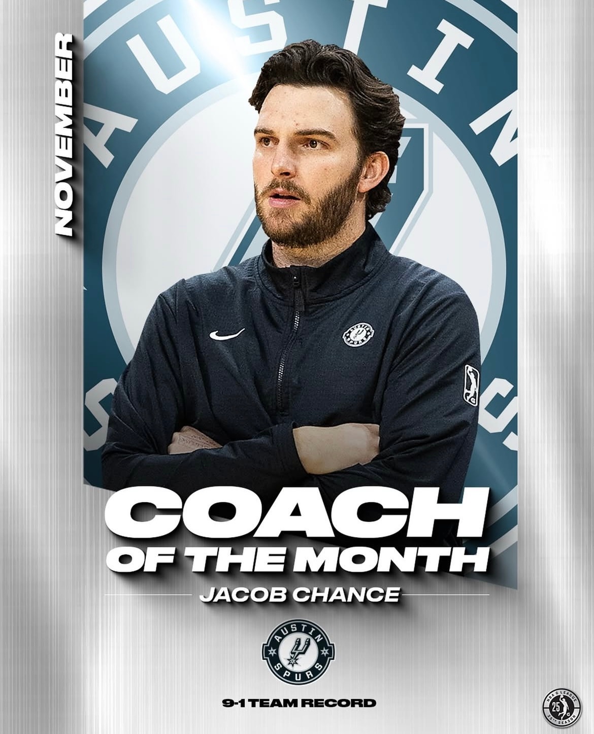 奥斯汀马刺主帅Jacob Chance当选为发展联盟11月最佳主教练🎉奥斯汀马