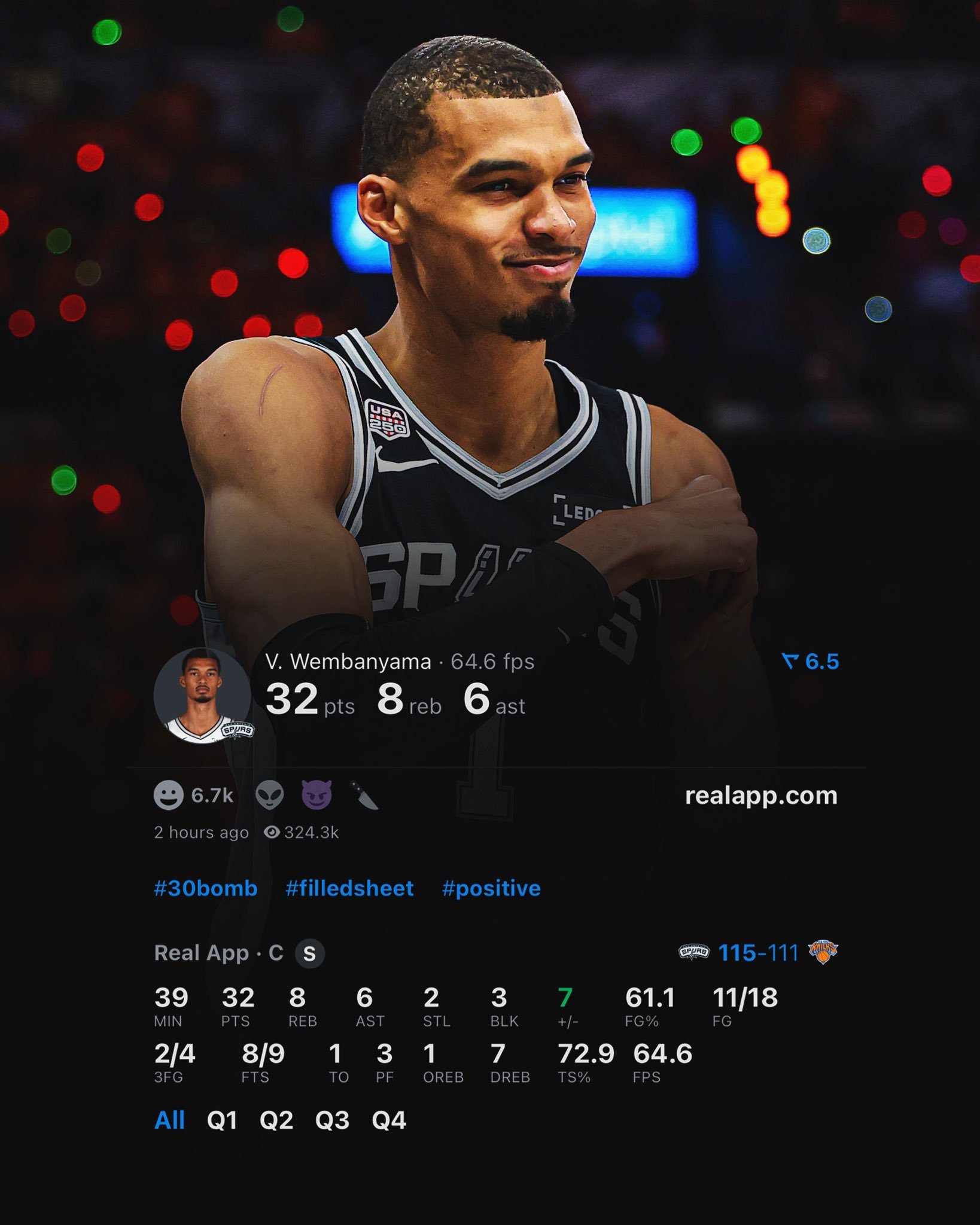 文班亚马18投11中，得到32分8板6助攻3盖帽 马刺vs尼克斯 nba总决赛