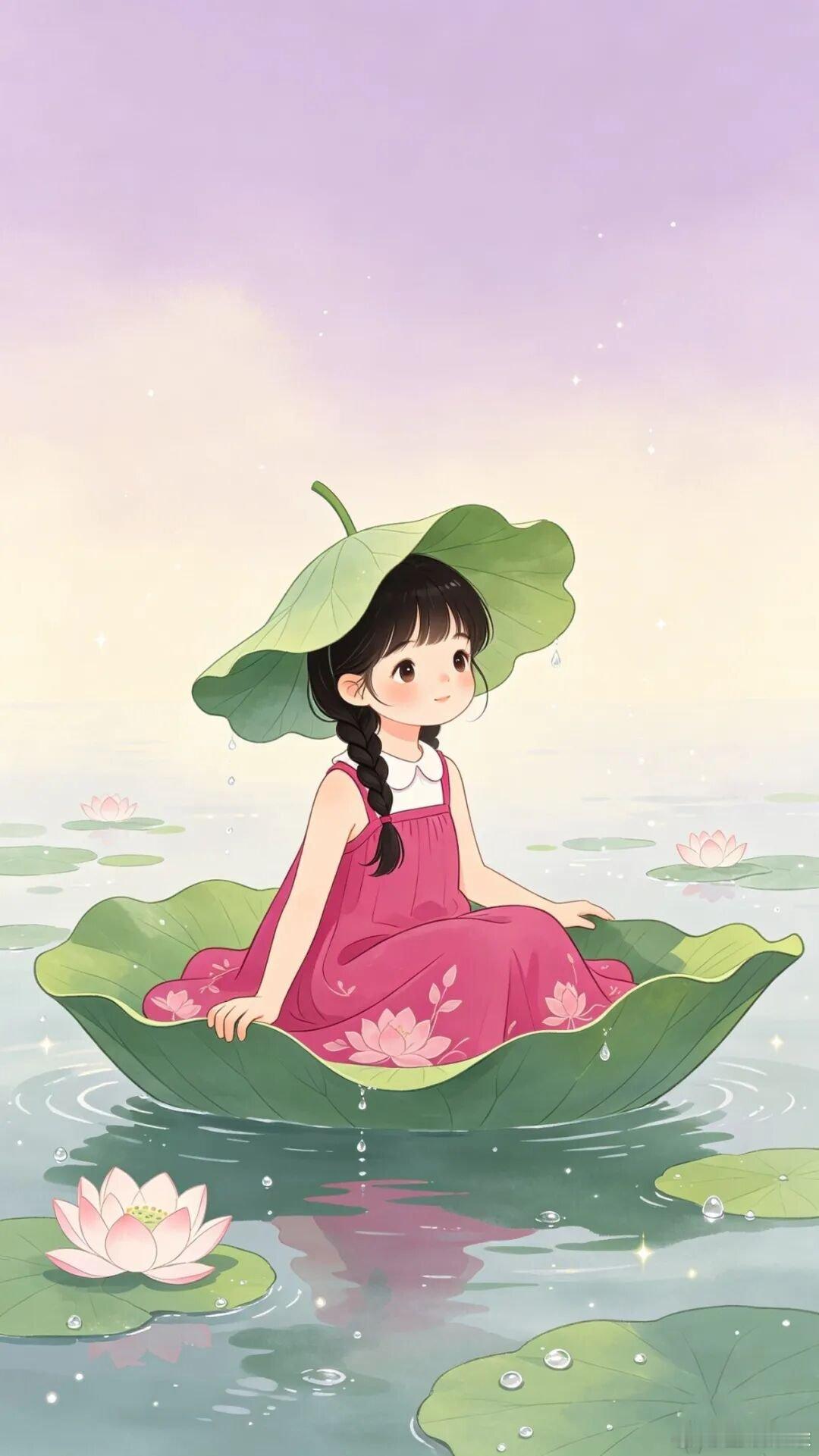 "荷叶田田·好运莲莲" 元气少女插画壁纸 ​​​
