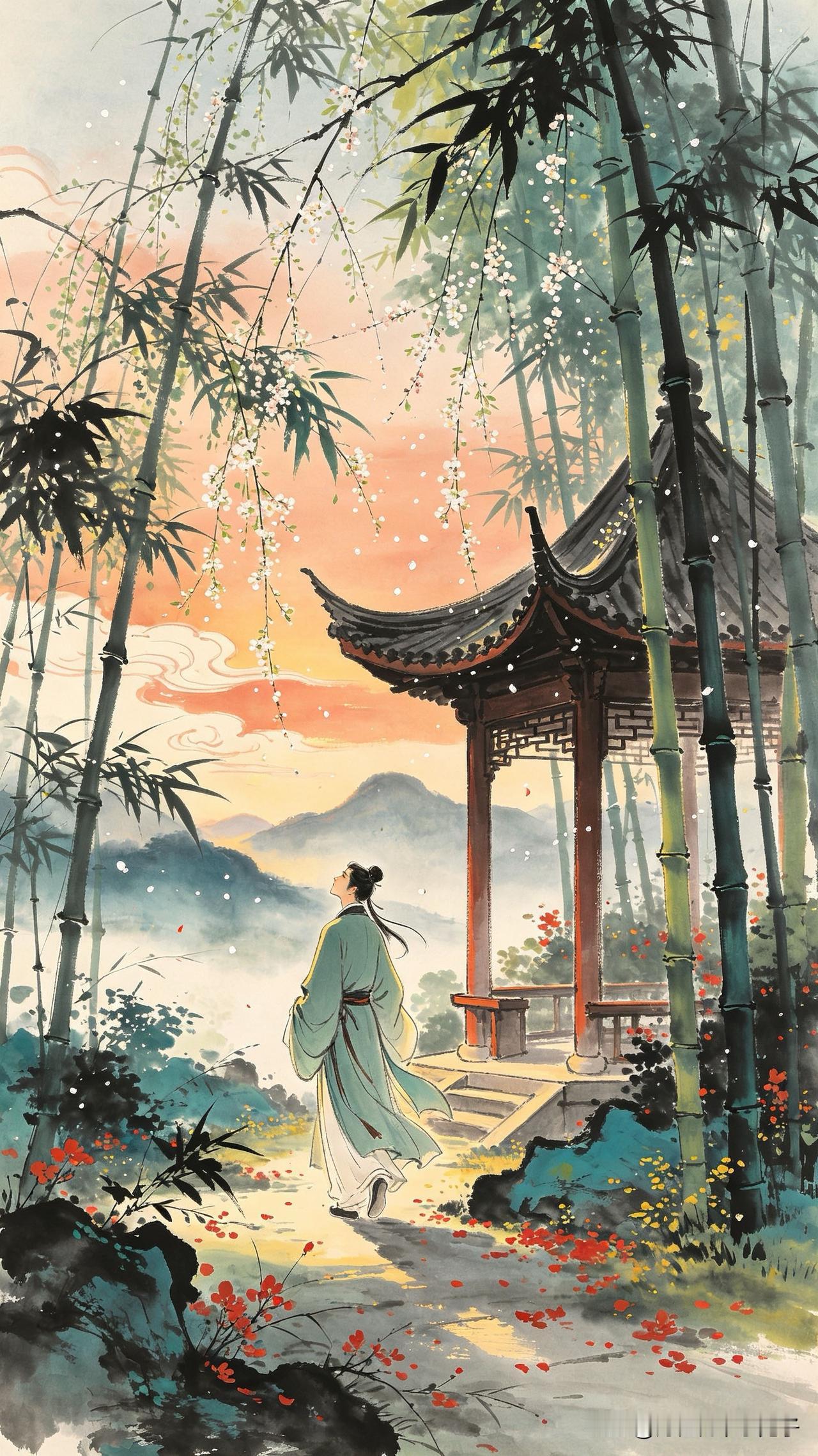 柳絮吹残欲暮天，
小亭人静晚凉前。
忽闻莺语穿深竹，
       
…………请
