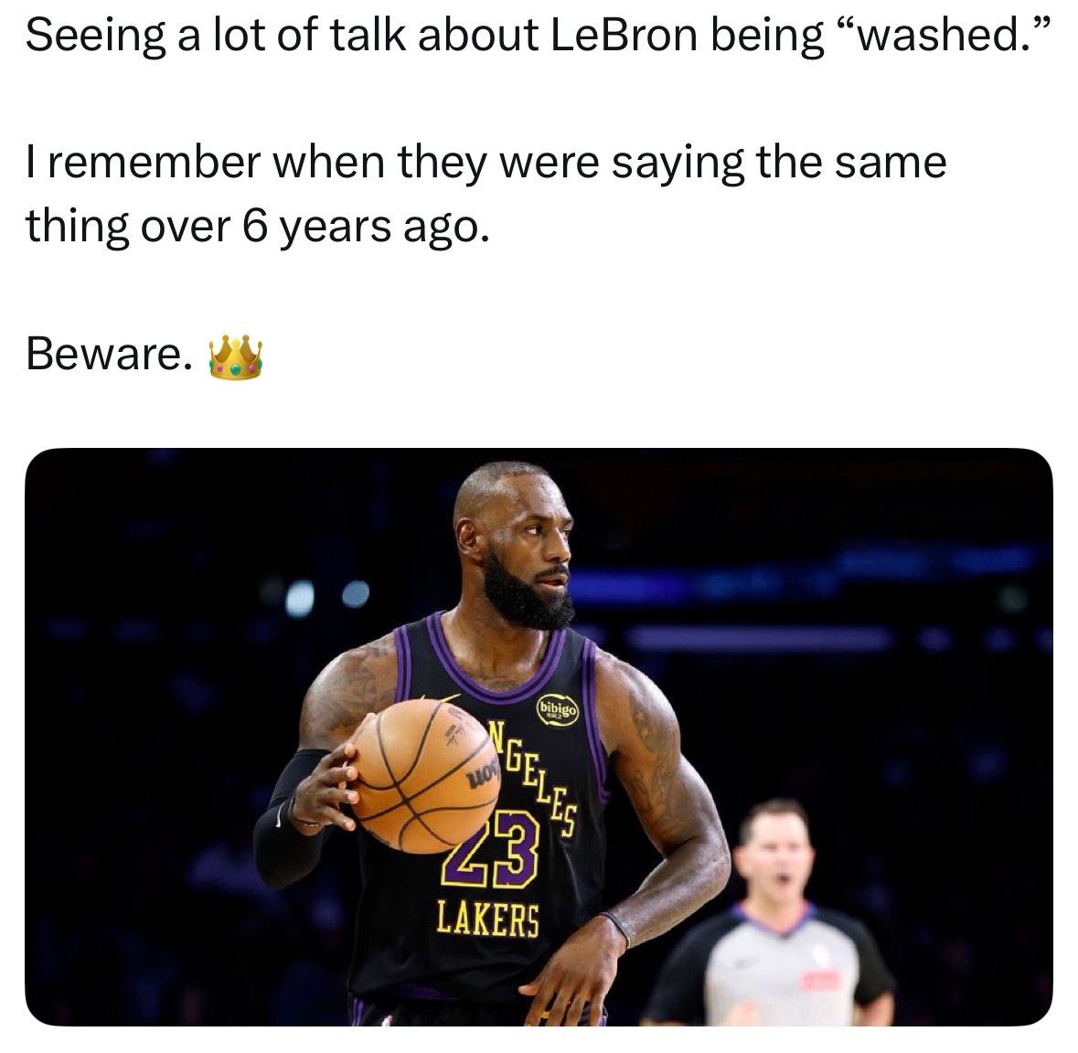 上一次，大家在说詹姆斯下滑的时候是六年前。今时不同往日，现在他41了，还能打出曾