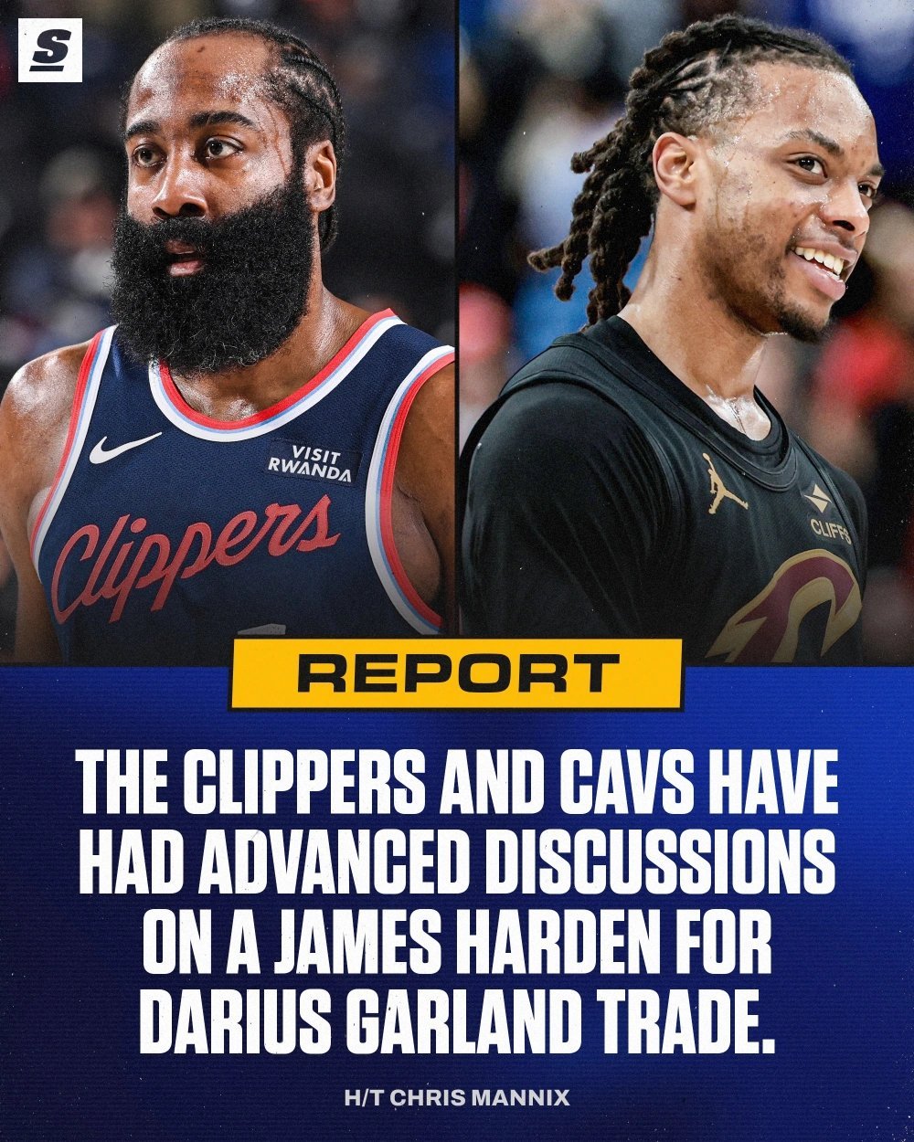 根据名记Chris Mannix报道称，快船队和骑士队正在就哈登和加兰的互换进行