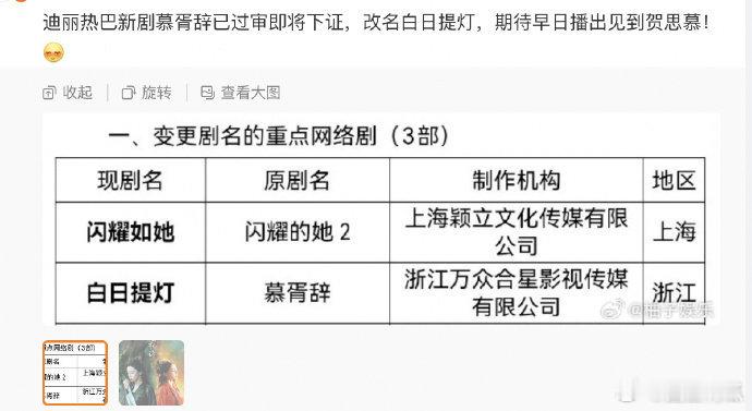 慕胥辞改名白日提灯过审恭喜迪丽热巴、陈飞宇主演慕胥辞过审下证，而且改回了原ip名