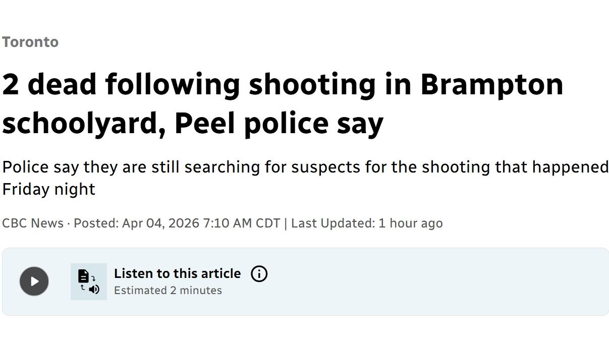 加拿大小学发生枪击事件，2人死亡，嫌疑人在逃
当地时间周五晚上10：30左右，安