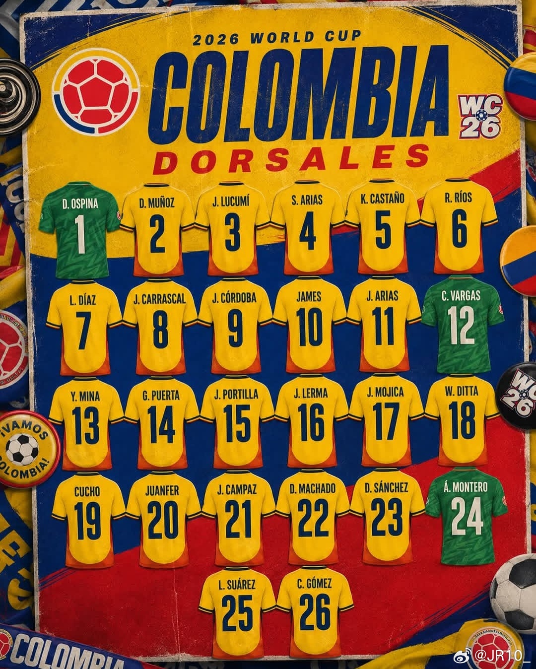 JR10J罗🇨🇴哥伦比亚世界杯球衣号码确认todosconjames