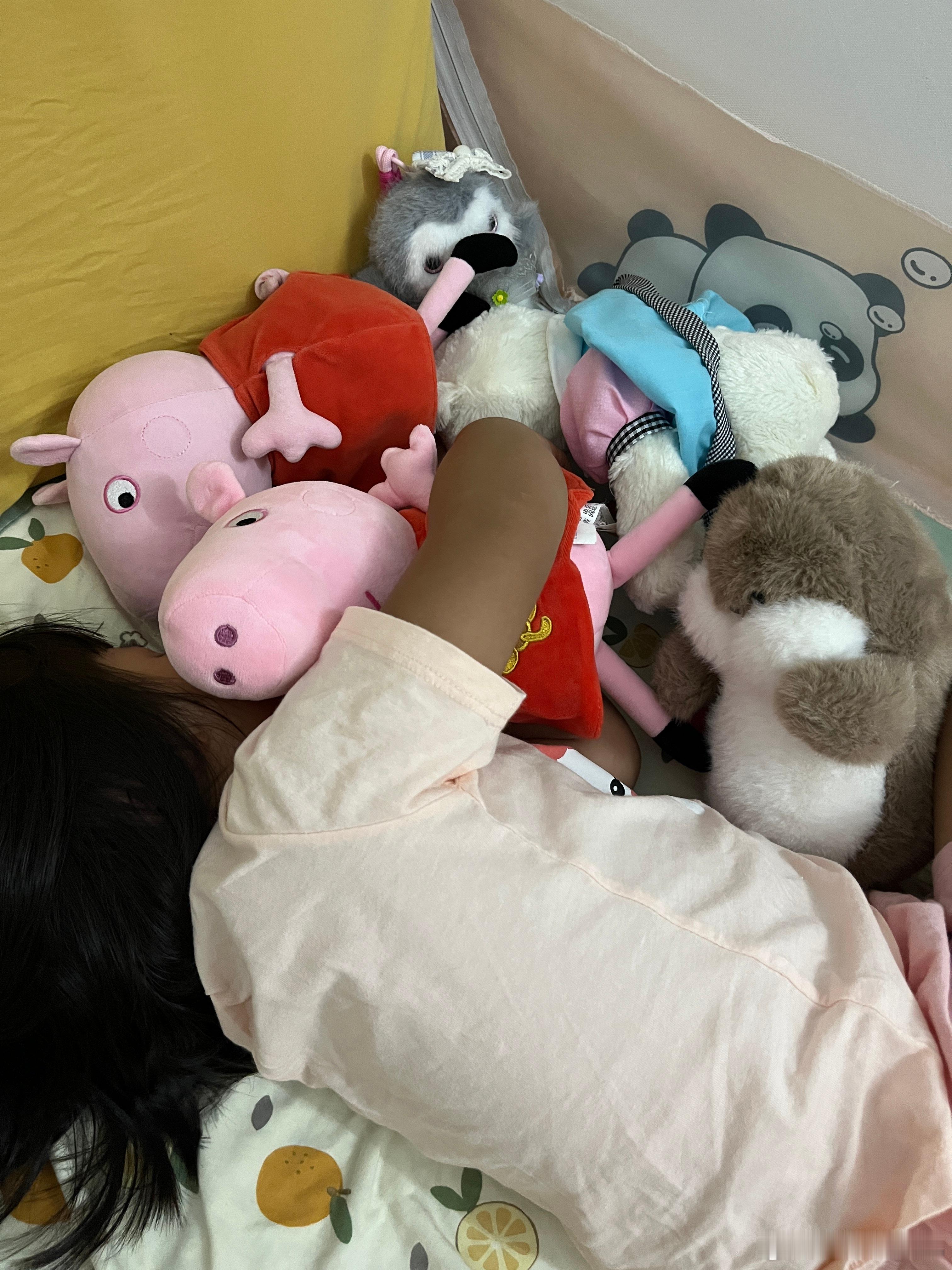 睡了，抱了一大堆娃娃，有买一个小猪佩奇替换的，但是她不要，就要猪姐姐，可能是从小
