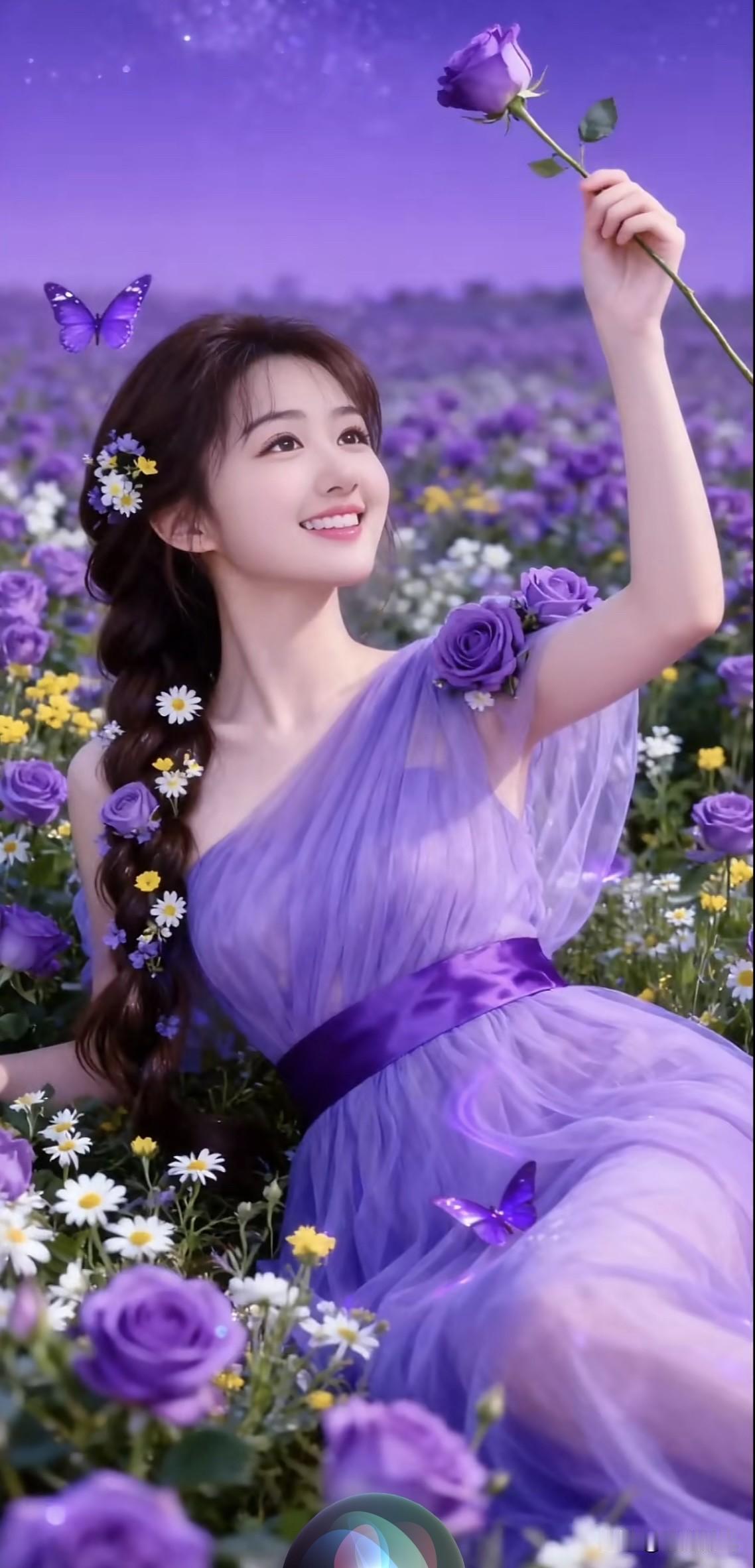 梦幻紫色花海，少女与蝴蝶共舞紫色小花海 紫色花海氛围照 紫色花海少女 紫色花海少