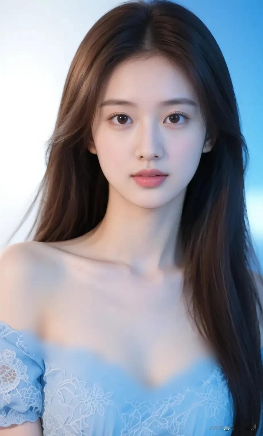 冰蓝裙身缀着柔白蕾丝，长发垂落肩颈。渐变蓝底衬着清透眉眼，像把初夏的风，都揉进了