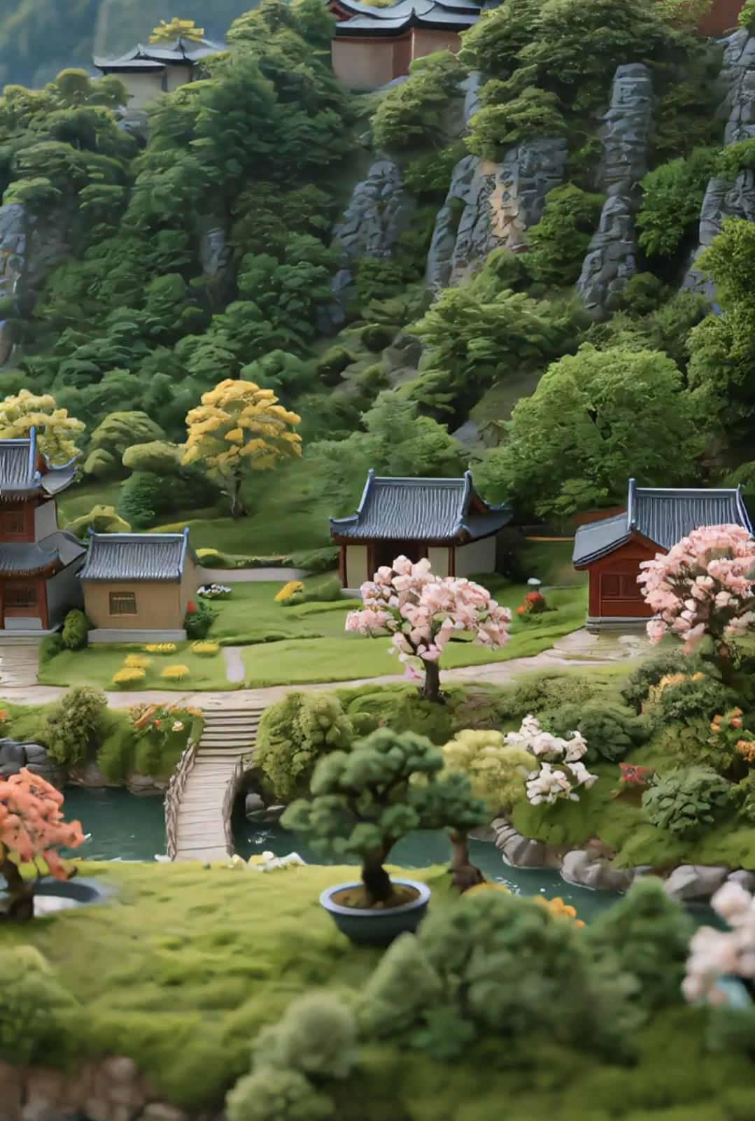 桃源静秋
秋染青山翠欲流，
小桥映水静悠悠。
野花含露香盈袖，
亭榭临风水拍舟。