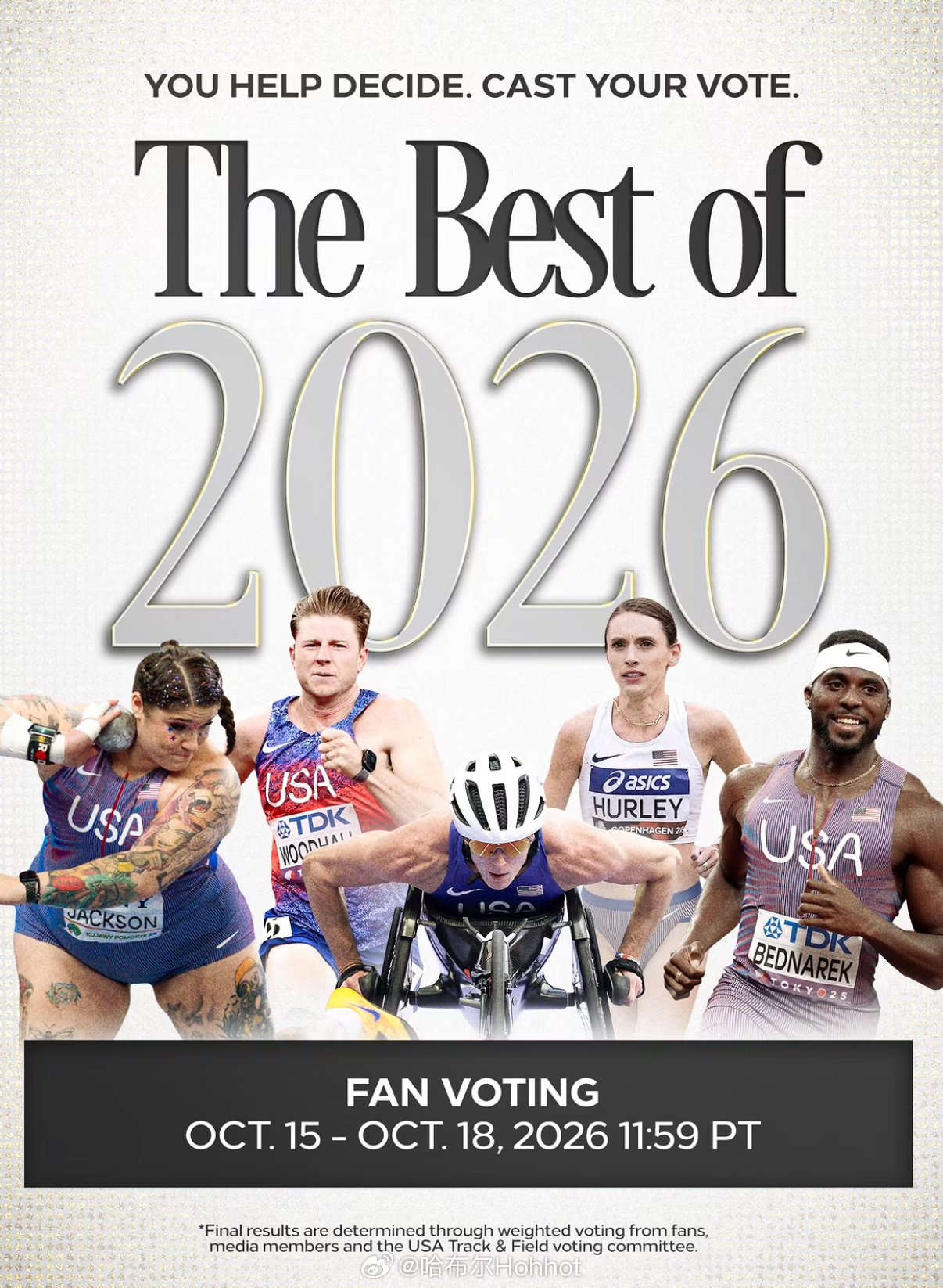 北京时间10月15日，美国田径协会（USATF）年度最佳运动员评选投票正式启动！