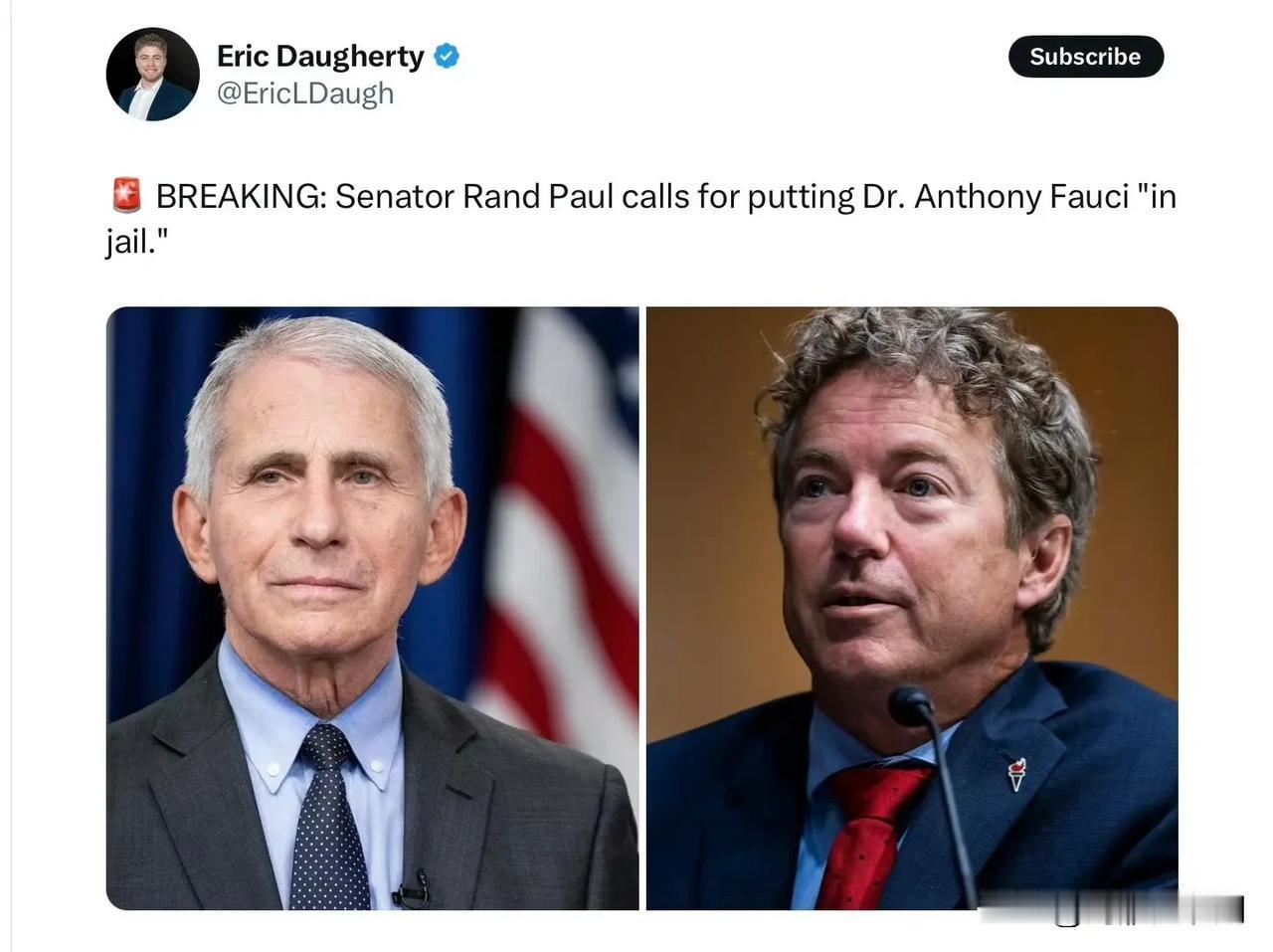 共和党参议员呼吁立即逮捕福奇，防止叛逃

共和党参议员Rand Paul（兰德保