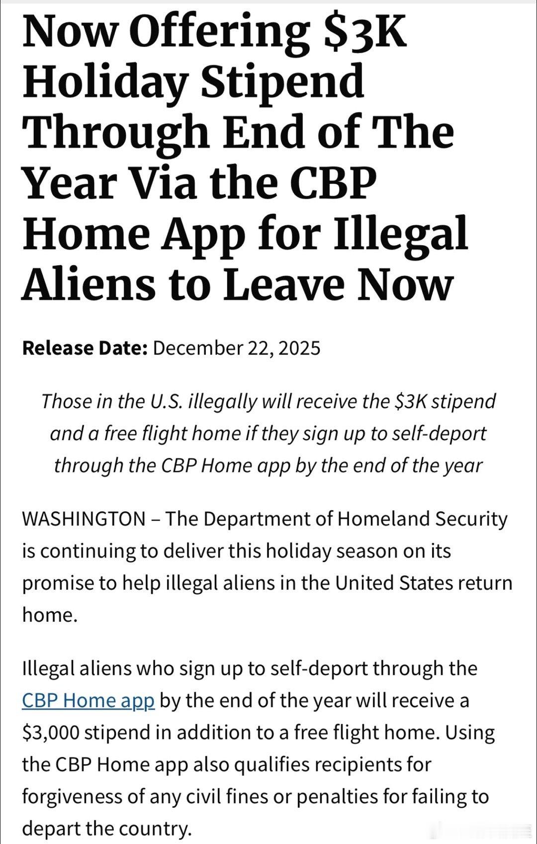 国土安全部：年底前，主动离境的非法移民，在官方APP注册，可得到免费机票和三千美