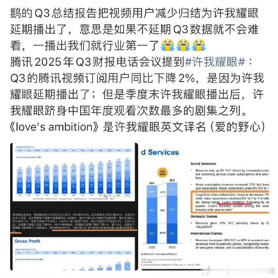 🐧Q3财报年度总结来了，赵露思《许我耀眼》现象级大爆剧，跻身中国年度观看量最高