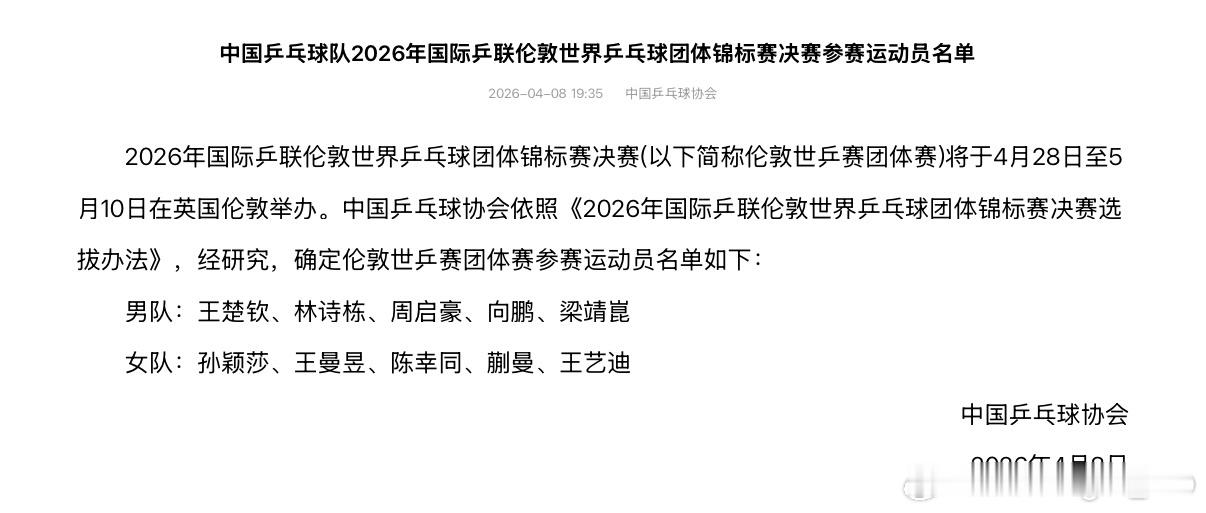 国乒伦敦世乒赛名单男队：王楚钦、林诗栋、周启豪、向鹏、梁靖崑女队：孙颖莎、王曼昱