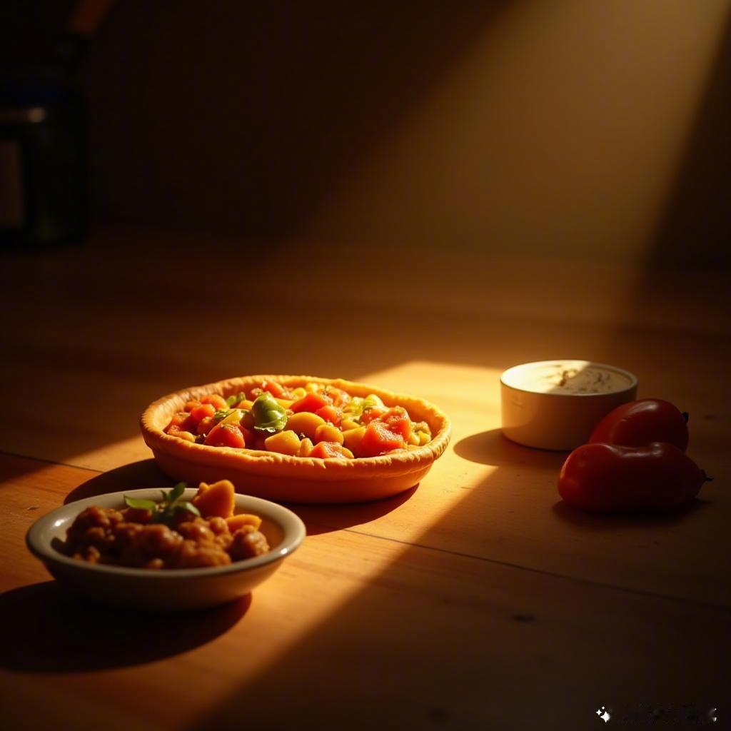 光影交错，色彩斑斓，厨房里每一道菜都是爱的传递。新鲜食材，温馨家常，仿佛在诉说着