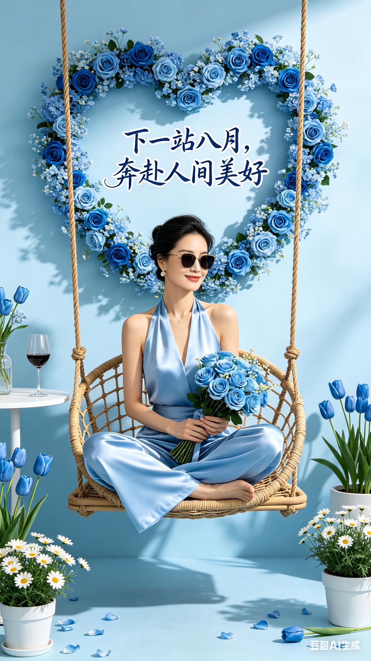 盘发女士坐藤编秋千捧蓝玫瑰，浅蓝缎面套装，背景花艺环绕，配温柔文字。清浅冷调柔光