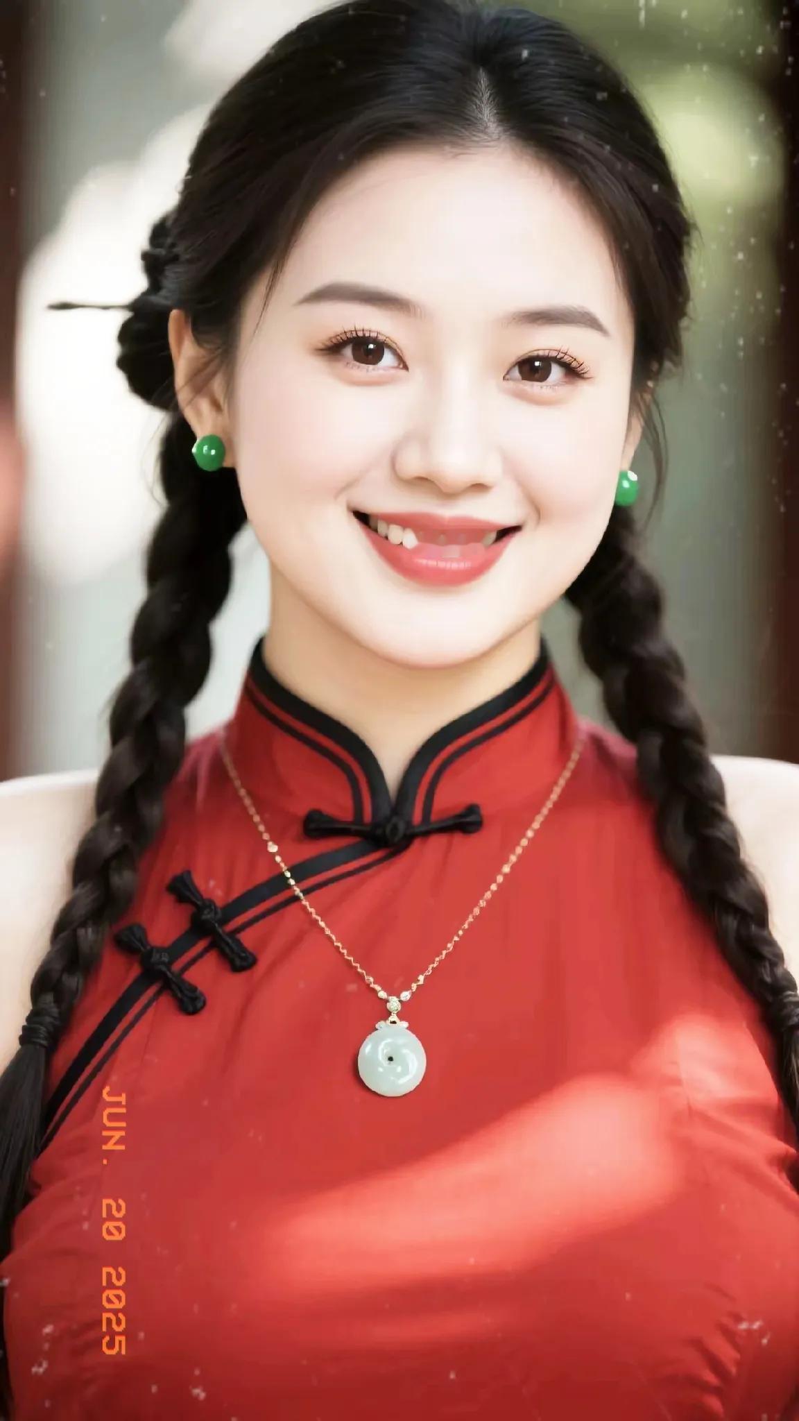 🌸 红衣少女，笑靥如花，古风韵味十足！💚✨