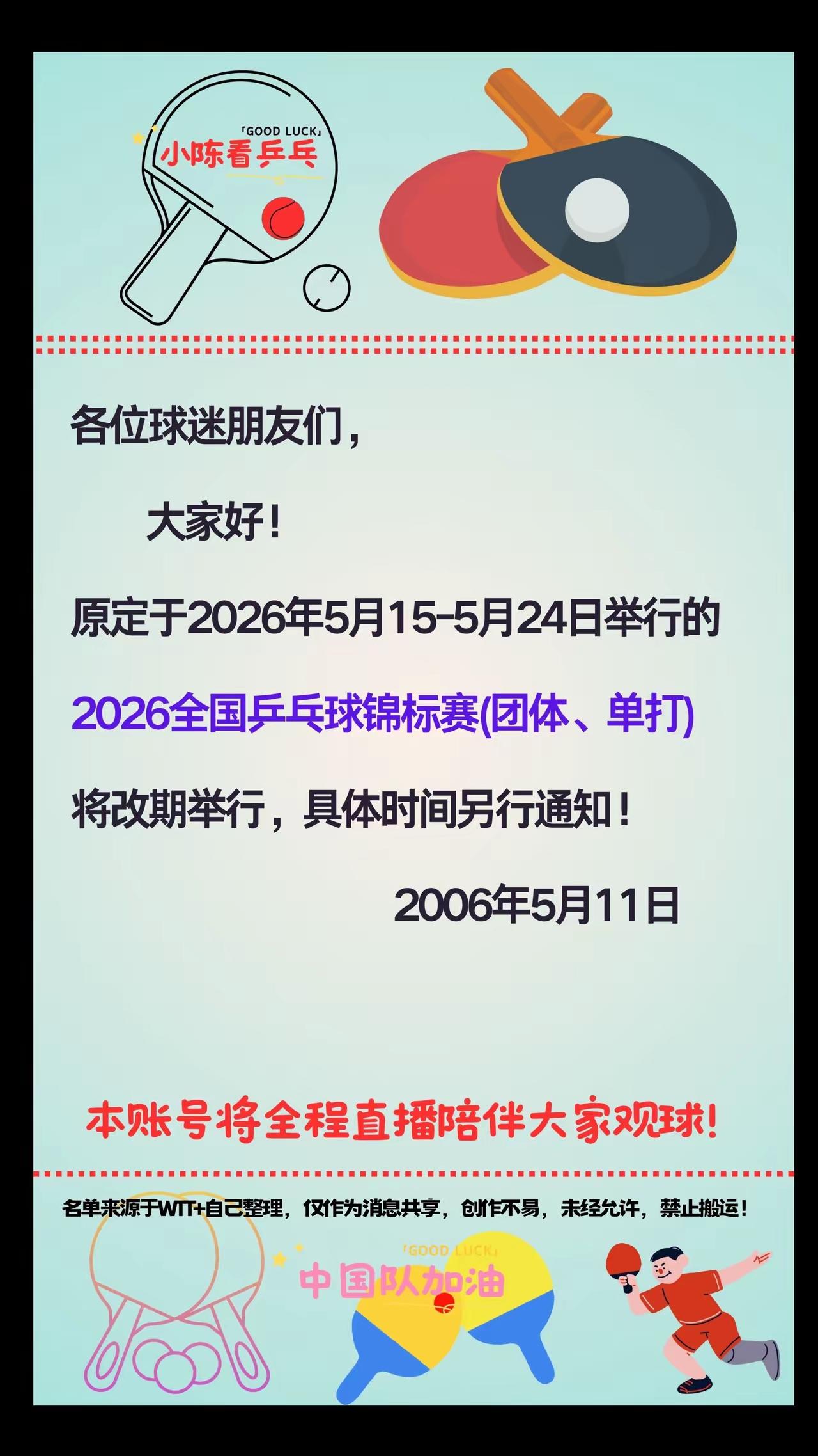 各位球迷注意啦！原定于2026年5月15 - 24日的全国乒乓球锦标赛团体单打要